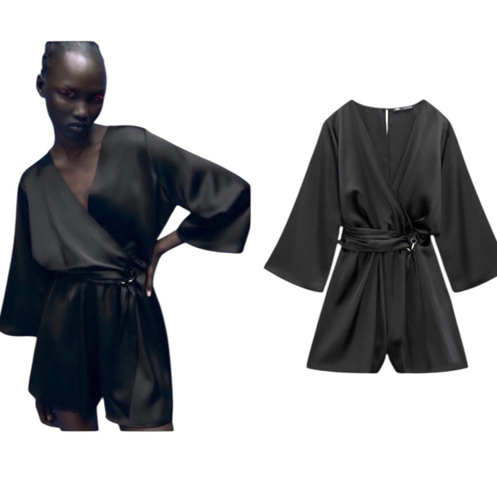 Zara satin Elegant Black Wrap Romper half sleeve size XS